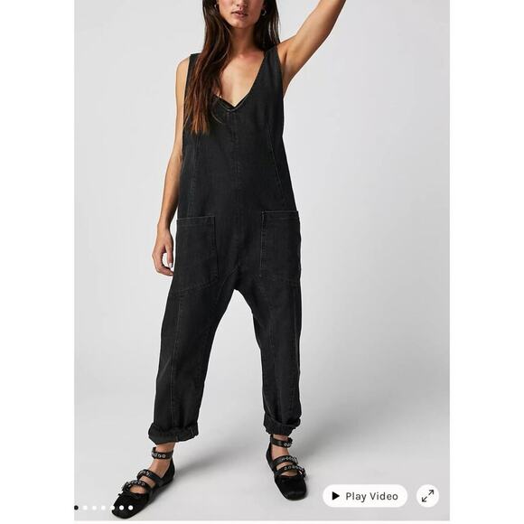Free People High Roller Black Barrel Leg Carpenter Oversized Overalls - Picture 4 of 10